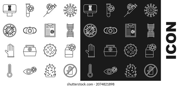 Set line No handshake, Bottle with virus, DNA symbol, Syringe, Medical protective mask, Stop, spiral computer and Clipboard blood test results icon. Vector