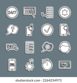 Línea Sin conexión a Internet, Hombre con auriculares, Diagnóstico de teléfonos móviles, Servidor, servicio, Pregunta de burbuja de voz, Reloj 24 horas y Marcar en icono circular. Vector