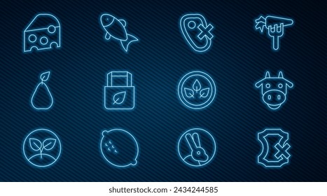 Set line No leather, Cow head, meat, Shopping bag with recycle, Pear, Cheese, Vegan food diet and Fish icon. Vector