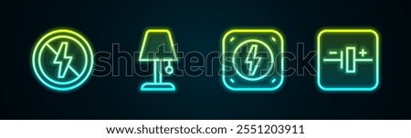 Set line No lightning, Table lamp, Lightning bolt and DC voltage source. Glowing neon icon. Vector