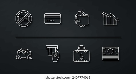 Set line No money, Broken piggy bank, Financial growth decrease, Briefcase and, Credit card inserted, Stacks paper cash and Wallet with icon. Vector