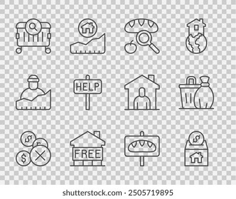 Set line No money, Donation and charity, Searching for food, Shelter homeless, Ask help text,  and Trash can icon. Vector