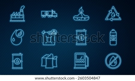 Set line No oil drop, Canister for motor machine, Alcohol spirit burner, Eco fuel canister, Bio, Oil industrial factory building, Barrel with dollar and Tanker truck icon. Vector