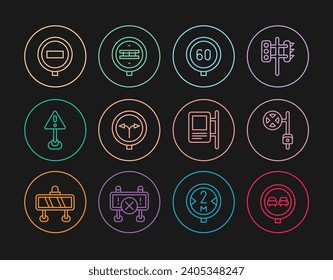 Set line No overtaking road traffic, Stop sign with camera, Speed limit, Fork the, Exclamation mark triangle, Road and Railroad crossing icon. Vector