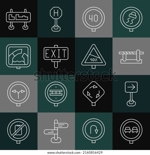 Set line No
overtaking road traffic, Traffic sign turn right, Parking car
barrier, Speed limit, Fire exit, Drawbridge ahead, Road and Steep
ascent and descent icon.
Vector