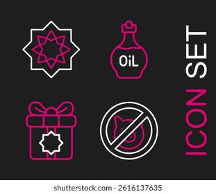 Set line No pig, Gift box, Essential oil bottle and Octagonal star icon. Vector