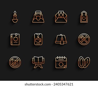 Set line No pig, Holy book of Koran, Burning candle, Ramadan calendar, Date fruit, Star crescent, fasting and Turkish hat icon. Vector