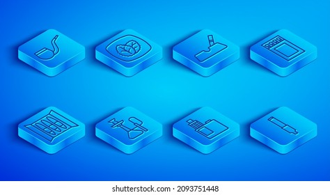 Set line No pipe smoking, Tobacco leaf, Ashtray with cigarette, Hookah, Vape mod device, Matchbox and matches, Cigar and Cigarette icon. Vector