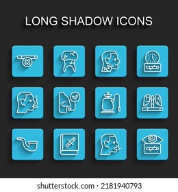 Set line No pipe smoking, Book with stop cigarette, Man coughing, Hypnosis, Healthy breathing, Disease lungs and Hookah icon. Vector