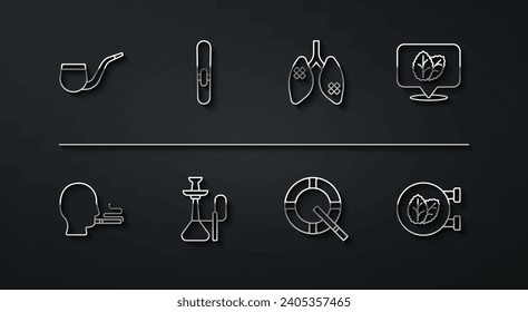 Set line No pipe smoking, Man a cigarette, Tobacco leaf, Ashtray with, Hookah, Cigar, shop and Disease lungs icon. Vector