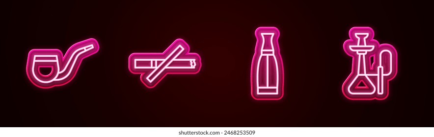 Set line No pipe smoking, Vape liquid bottle and Hookah. Glowing neon icon. Vector