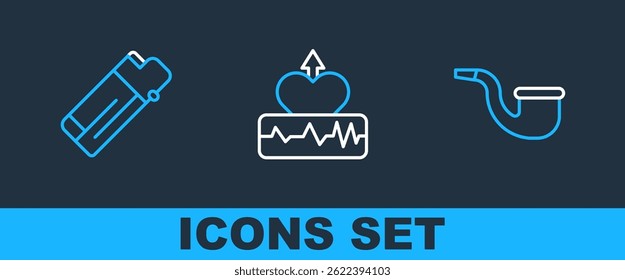 Set line No pipe smoking, Lighter and Heartbeat increase icon. Vector