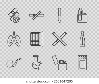 No fumar pipa, caja de cerillas y fósforos, cigarrillo, bong, parches de nicotina médica, caso, encendedor y Vape icono de botella de líquido. Vector