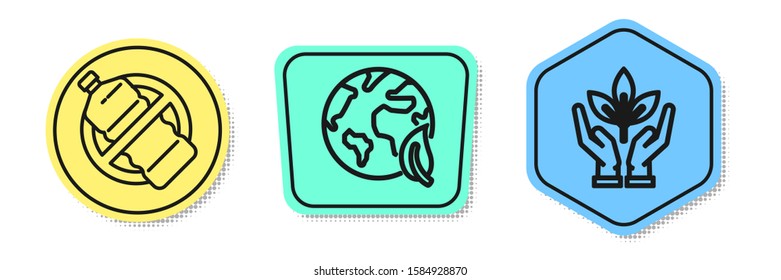 Set line No plastic bottle, Earth globe and leaf and Plant in hand of environmental protection. Colored shapes. Vector