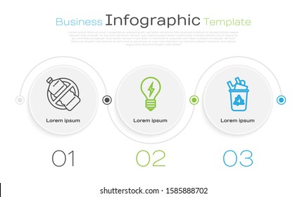 Set line No plastic bottle, Light bulb with lightning symbol and Recycle bin with recycle symbol. Business infographic template. Vector