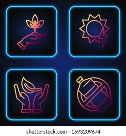 Set line No plastic bottle, Sprout in hand of environmental protection, Plant in hand of environmental protection and Solar energy panel. Gradient color icons. Vector