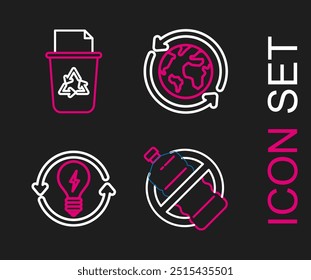 No hay botella de plástico, reciclar y bombilla con símbolo de relámpago, reciclaje de planeta tierra e icono de reciclaje de papelera. Vector