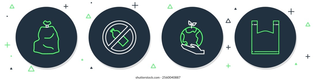Set line No plastic bottle, Hand holding Earth globe, Garbage bag and Plastic icon. Vector