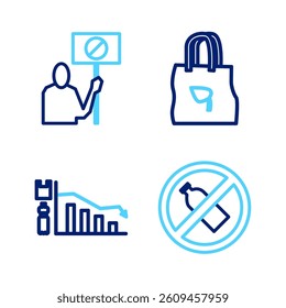 Set line No plastic bottle, Ecology infographic, Shopping bag with recycle and Nature saving protest icon. Vector
