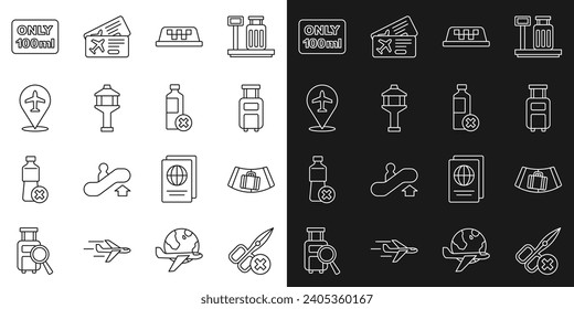 Fijar la línea Sin tijeras, Correa de transporte con maleta, maleta, techo de taxi, torre de control del aeropuerto, avión, líquidos en equipaje de mano e icono de botella de agua. Vector