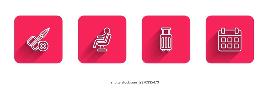 Set line No scissors, Human waiting in airport terminal, Suitcase and Calendar and airplane with long shadow. Red square button. Vector