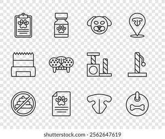Set line No shit, Dog collar, Clinical record pet, Cat tooth, nose and scratching post icon. Vector