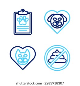 Fijar línea No mierda, Corazón con gato, perro y ícono de mascota de registro clínico. Vector