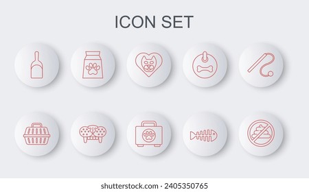 Fijar la línea No mierda, Cargador de mascotas, Corazón con gato, Esqueleto de pescado, Dustpan, Bolsa de comida para mascota, Diente de gato e ícono del kit de primeros auxilios. Vector