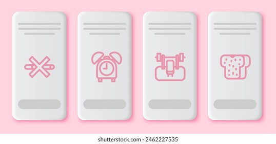 Set line No Smoking, Alarm clock, Bench with barbel and Bread toast. White rectangle button. Vector