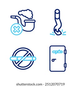 Set line No smoking area, Cigarette butt and Smoking pipe with smoke icon. Vector