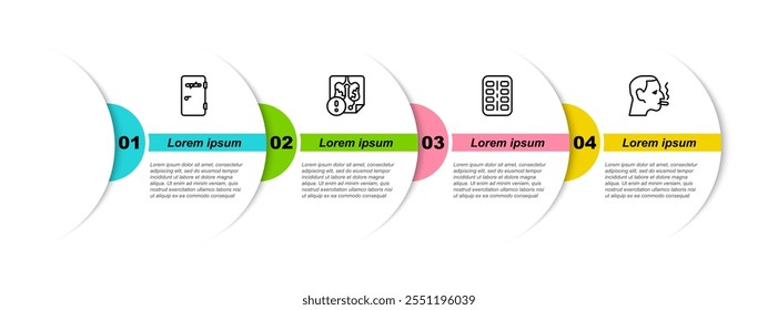 Set line No smoking area, Disease lungs, Nicotine gum blister pack and Man cigarette. Business infographic template. Vector