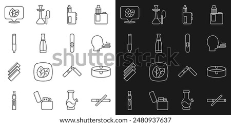 Set line No smoking, Ashtray, Man cigarette, Vape mod device, liquid bottle, Cigarette, Tobacco leaf and  icon. Vector