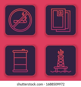 Set line No Smoking, Barrel oil, Barrel oil and Oil rig with fire. Blue square button. Vector