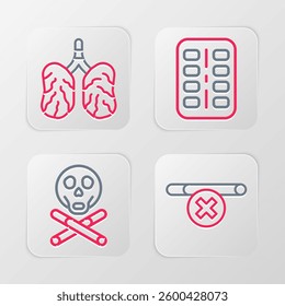Set line No smoking, Bones and skull, Nicotine gum blister pack and Disease lungs icon. Vector