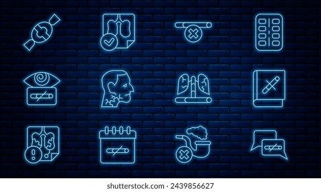 Set line No smoking, Book with stop cigarette, Throat cancer, Hypnosis, Candy, Disease lungs and Lungs x-ray diagnostics icon. Vector