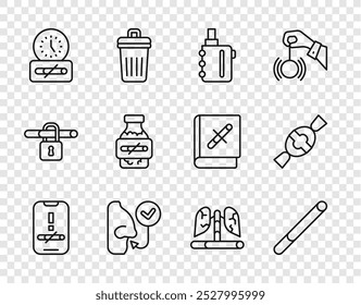 Set line No smoking, Cigarette, Electronic cigarette, Healthy breathing, time, Nicotine gum blister pack, Disease lungs and Candy icon. Vector