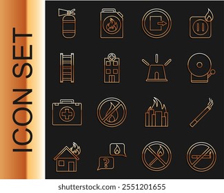 Set line No Smoking, Cigarette, Ringing alarm bell, Fire exit, Medical hospital building, escape, extinguisher and Flasher siren icon. Vector