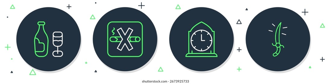 Set line No Smoking, Clock, Wine bottle with glass and Arabian saber icon. Vector