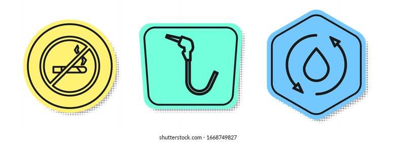 Set line No Smoking, Gasoline pump nozzle and Oil drop. Colored shapes. Vector
