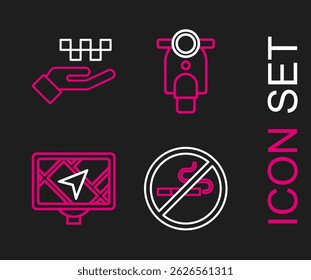Set line No Smoking, Gps device with map, Scooter and Hand taxi icon. Vector