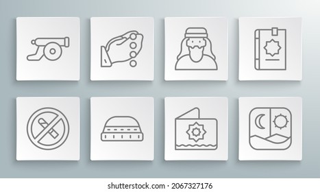 Set line No Smoking, Hands praying position, Muslim hat for prayer, Octagonal star, Ramadan fasting, man, Holy book of Koran and cannon icon. Vector