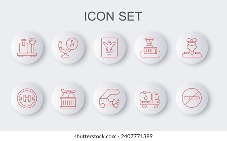 Set line No Smoking, Helicopter landing pad, Passport, Fuel tanker truck, Scale with suitcase, Aircraft steering helm, Plane and Passenger ladder icon. Vector