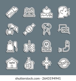 Set line No smoking, Inhaler, Heartbeat increase, Candy, Hypnosis, Lighter and Tooth with caries icon. Vector