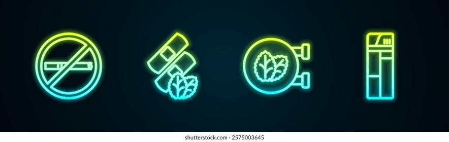 Set line No smoking, Medical nicotine patches, Tobacco leaf shop and Lighter. Glowing neon icon. Vector