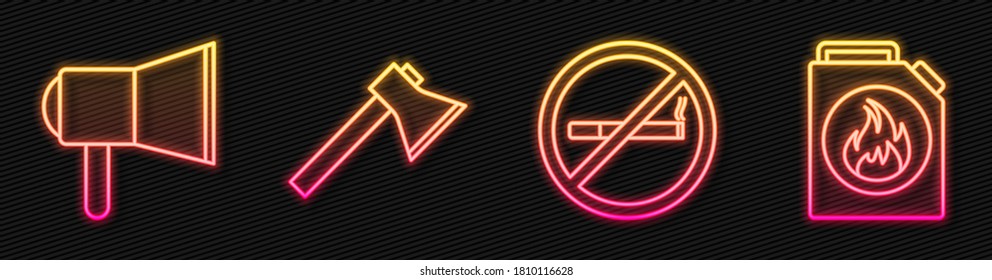 Set line No Smoking, Megaphone, Firefighter axe and Canister for flammable liquids. Glowing neon icon. Vector