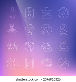Set line No Smoking, Metal detector airport, Location, Suitcase, Storm, Airport control tower,  and Plane icon. Vector