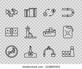 Set line No Smoking, Oil industrial factory building, exchange, rig with fire, Wrecked oil tanker ship, pump pump jack, Industry pipe and valve and Canister for motor icon. Vector