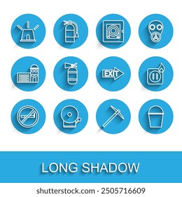 Set line No Smoking, Ringing alarm bell, Flasher siren, Pickaxe, Fire bucket, extinguisher, Electric wiring of socket fire and exit icon. Vector