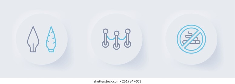 Set line No Smoking, Rope barrier and Stone age arrow head icon. Vector