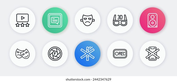 Set line No smoking, Stereo speaker, Comedy and tragedy masks, Record button, 3D cinema glasses, Drama theatrical, cell phone and Camera shutter icon. Vector
